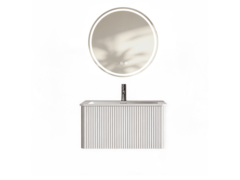  Meuble sous vasque suspendu avec 1 tiroir et miroir led antibuée, vasque intégrée blanche pour salle de bain 81 cm  - Conforama A