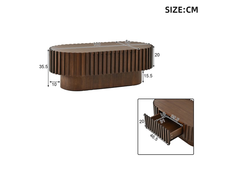  Table basse ovale 100x50x35,5 cm finition noyer, 1 tiroir et décor vertical rainuré Fay Lum - Conforama C