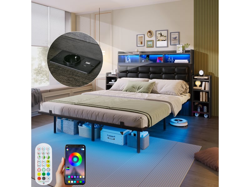  Lit double 140 x 190 cm avec sommier à lattes, led et recharge usbusb-c gris  - Conforama C