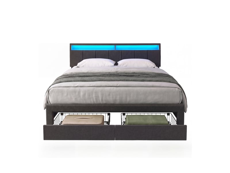  Lit 140x190cm avec rangement hydraulique et 2 tiroirs, lit double capitonnée avec éclairage led, lit coffre140x190 avec tête rembourré et sommier à lattes, lin  - Conforama A