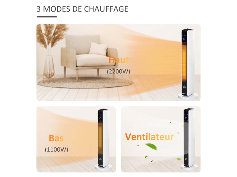  Chauffage électrique soufflant oscillant 11002200 w, céramique ptc, télécommande incluse, 21 x 21 x 73 cm, minuterie 8h  - Conforama W