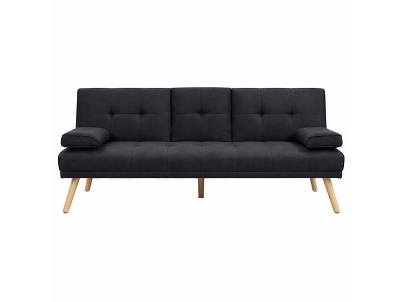 Canapé-lit 3 places scandinave avec tablette rabattable et porte-gobelets, tissu lin gris  - Conforama A
