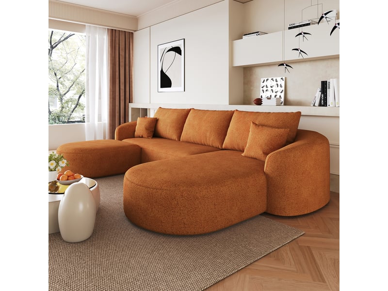  Canapé d'angle droite 3 places en u canapé modulable canapé compressé en chenille avec méridienne et pouf, orange  - Conforama C