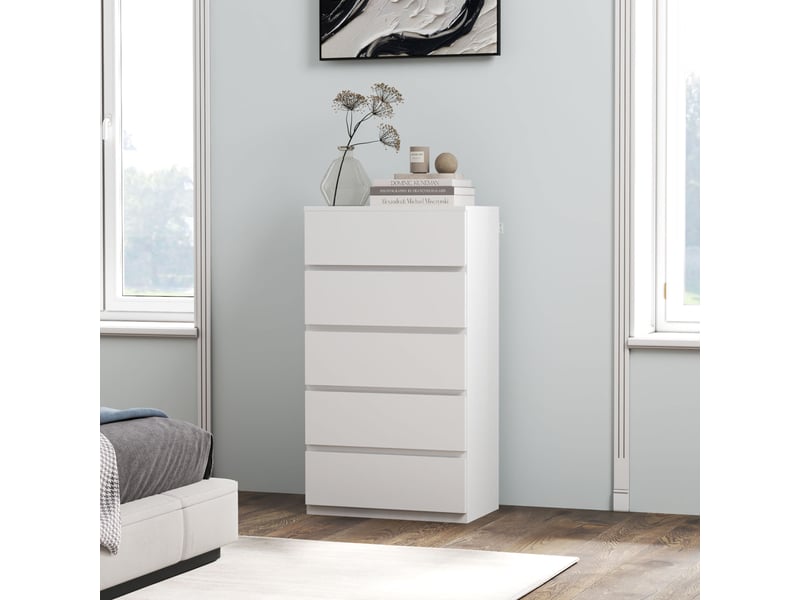  Commode, buffet, commode à 5 tiroirs, 55 cm x 34 cm x 100 cm, blanche  - Conforama D