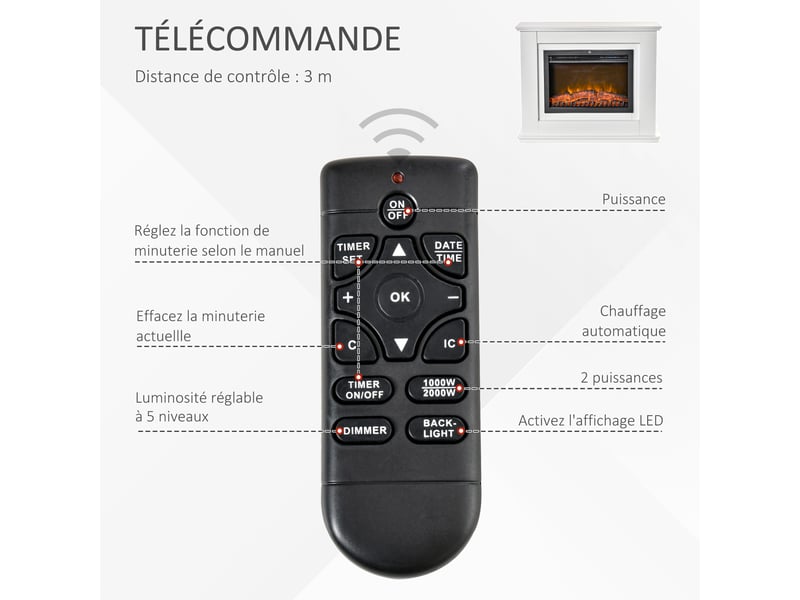  Cheminée électrique grande taille 2000 w effet flammes led minuterie température luminosité réglables télécommande fournie blanc  - Conforama E