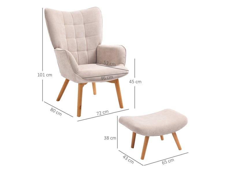  Fauteuil relax avec pouf et repose-pieds en velours côtelé, dossier haut et accoudoirs, beige  - Conforama E