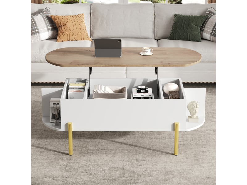  Table basse relevable 120x50 cm avec rangement caché, bois et blanc, pieds métal doré  - Conforama E