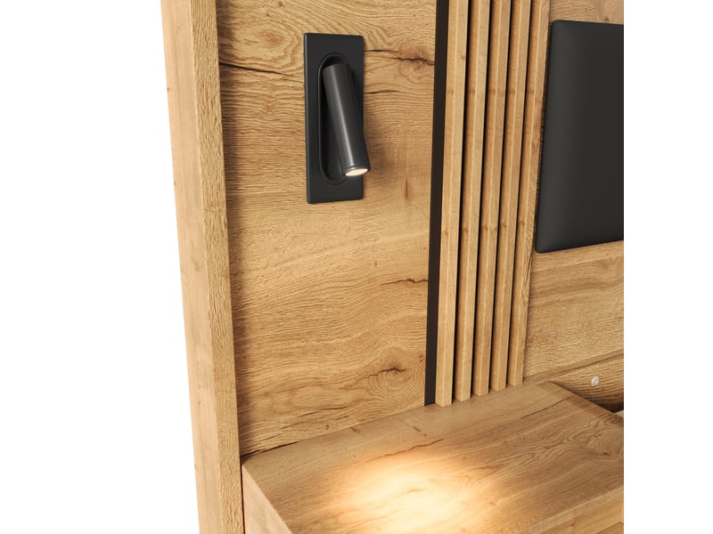 Lit adulte 180x200 cm, lit double en bois avec rangement, 2 chevets, tiroir et liseuses, naturel, sans matelas - Conforama R