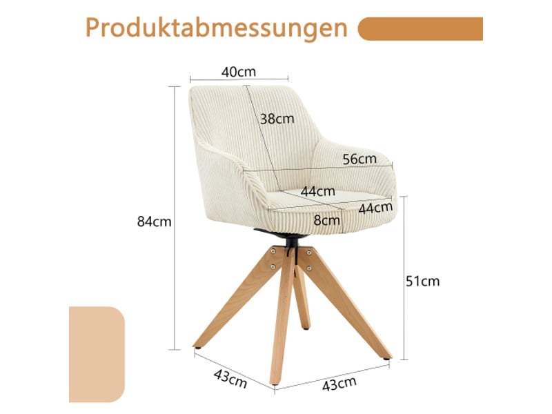  2 chaises pivotantes rétro luxe velours crème rayures verticales, pieds bois massif, 360°, salonsalle à mangerbureau  - Conforama C
