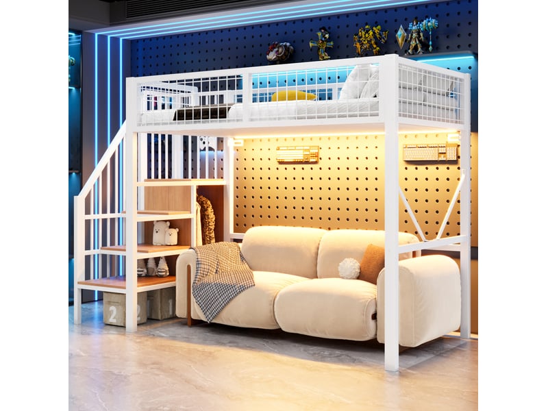 Lit mezzanine 90x200 cm avec escalier de rangement, éclairage led, cadre en métal, coloris blanc, vendu sans matelas  - Conforama D