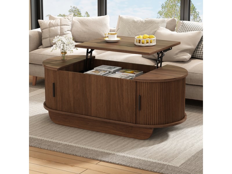 Table basse relevable ovale 100x50x42 cm - plateau hydraulique jusqu’à 55,5 cm, coffre et portes coulissantes - mdf - noyer CozyNest - Conforama B