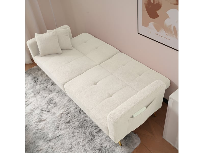  Canapé-lit 175x64x72cm, tissu sherpa blanc, clic clac, canapé droit convertible avec coussins et poches latérales  - Conforama D