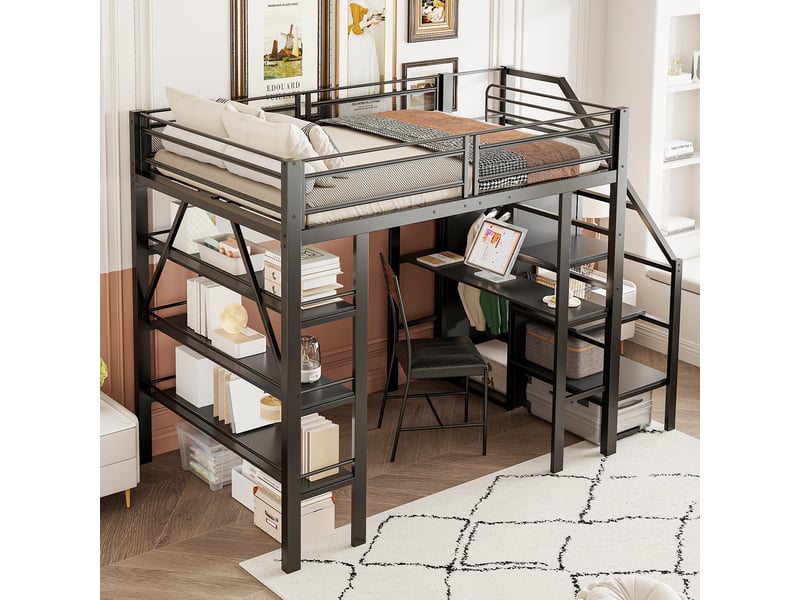  Lit haut 140x200 pour enfant, structure métal noire, bureau intégré, rangement et marches sécurisées  - Conforama D