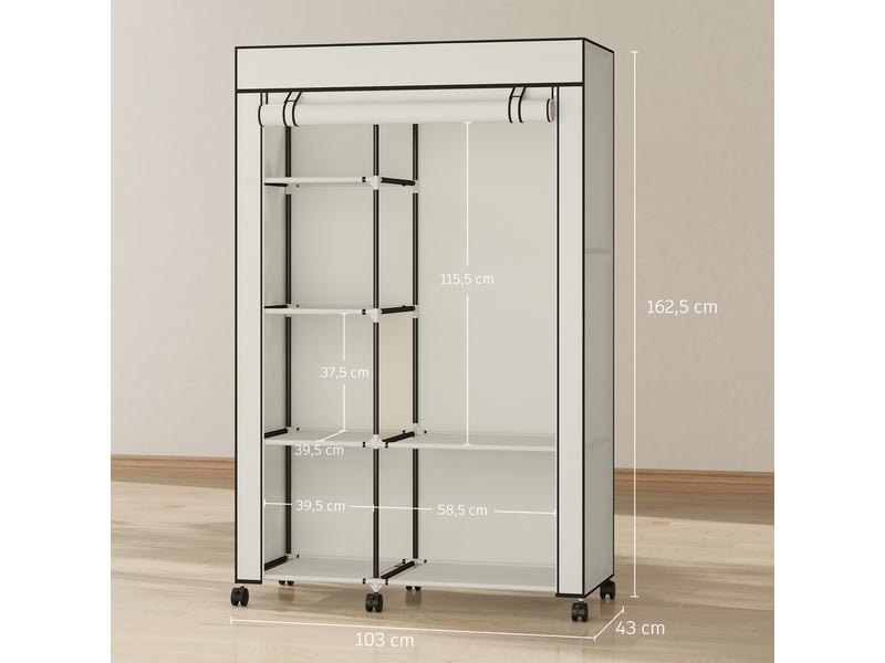  Armoire en tissu à roulettes, penderie portable avec 6 étagères et 1 tringle pour la chambre, 103 x 43 x 162,5 cm, crème  - Conforama E