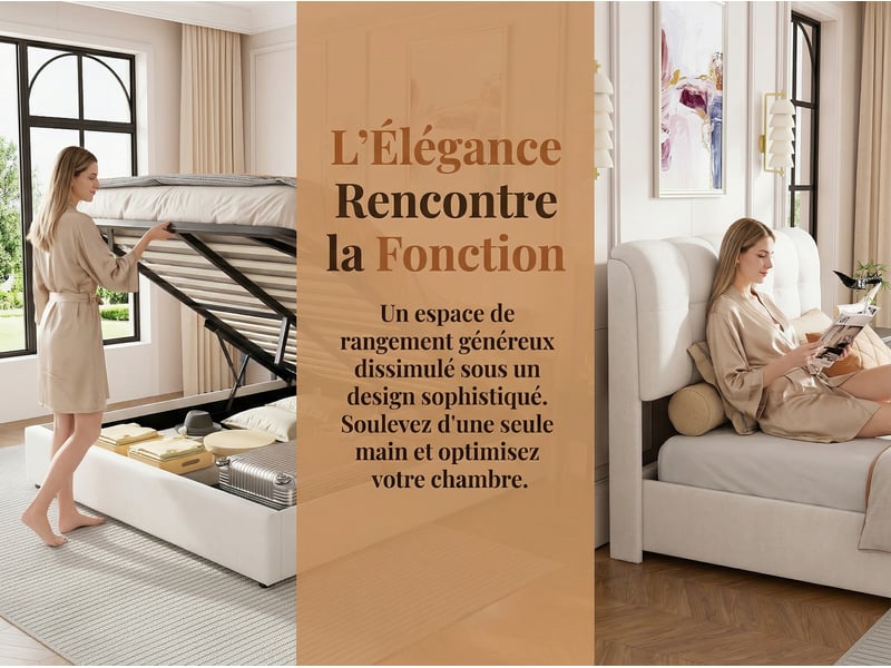  Lit coffre 140x190 cm, adulte noir avec tête de lit capitonnée – grand rangement sous le lit-sommier à lattes en bois  - Conforama E