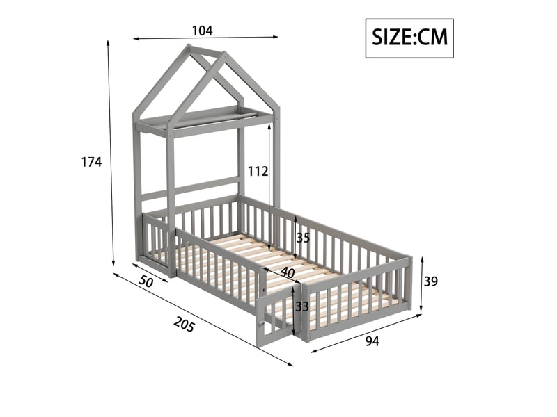  Lit enfant 90x200 cm avec étagère et penderie ouverte, barrière de sécurité, sommier à lattes, gris, sans matelas  - Conforama C