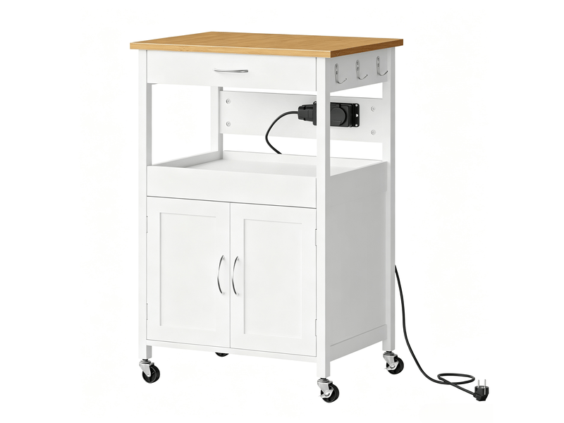  Desserte de cuisine 60 x 45 x 92 cm bambou et blanc en mdf, rangement avec prises et roulettes freinées  - Conforama A