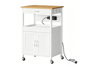 Desserte de cuisine 60 x 45 x 92 cm bambou et blanc en mdf, rangement avec prises et roulettes freinées