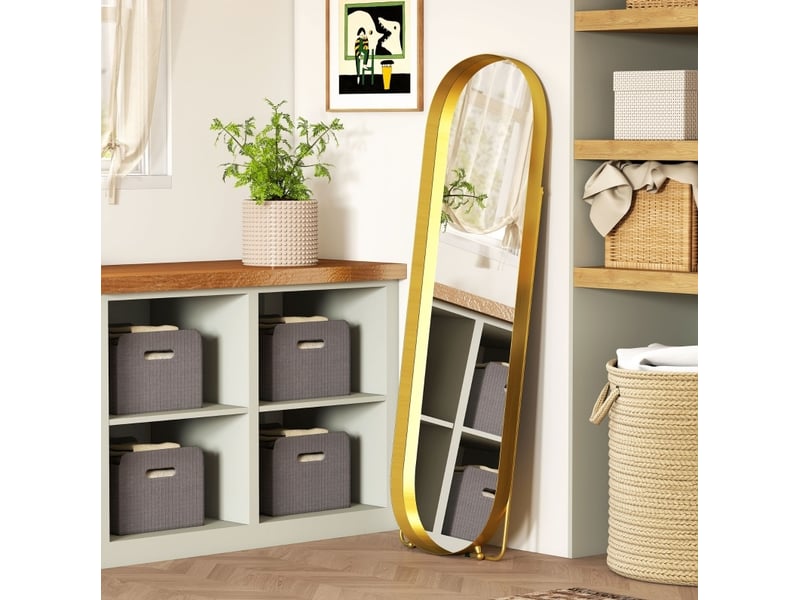 Miroir sur pied 160 x 50 cm avec cadre en métal doré, inclinable et autonome, idéal pour chambre ou salon élégant - Conforama E
