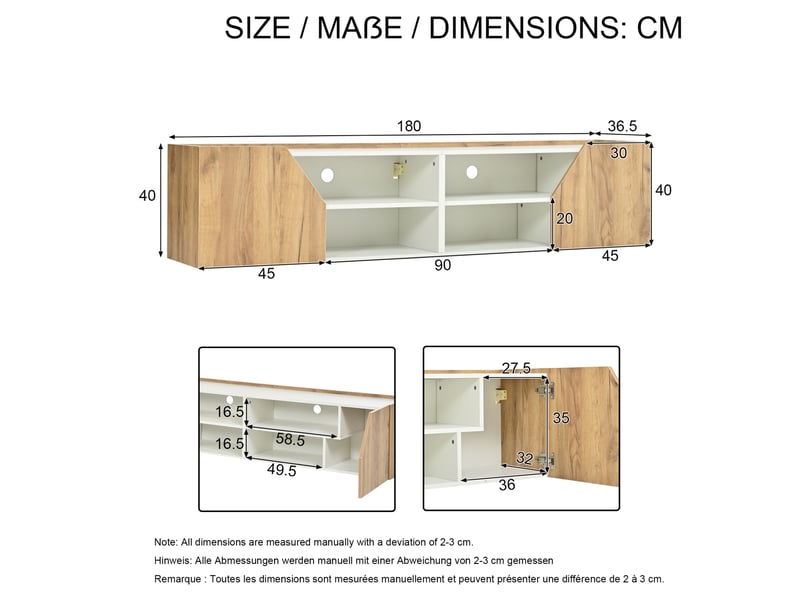  Meuble tv mural 180x36.5x40 cm avec led rgb bluetooth, blanc et aspect bois  - Conforama C