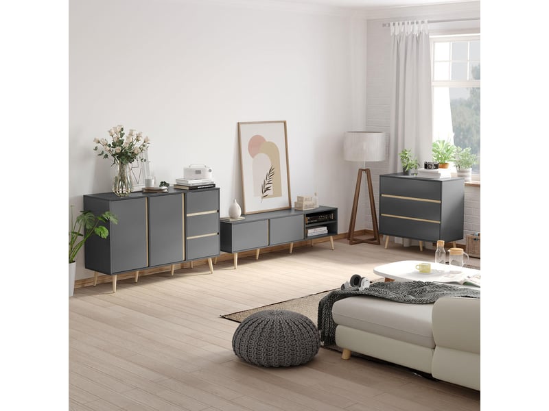  Meuble tv bas salon scandinave pour écran jusqu'à 55 pouces table télé 2 portes 2 niches 150x35x45 cm gris anthracite bois  - Conforama B