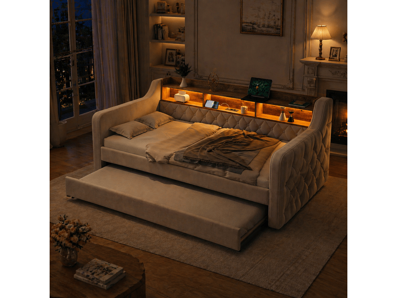 Lit gigogne 90x190 cm - canapé-lit avec rangement - led et usb-c - idéal petit appartement - velours - beige - Conforama E