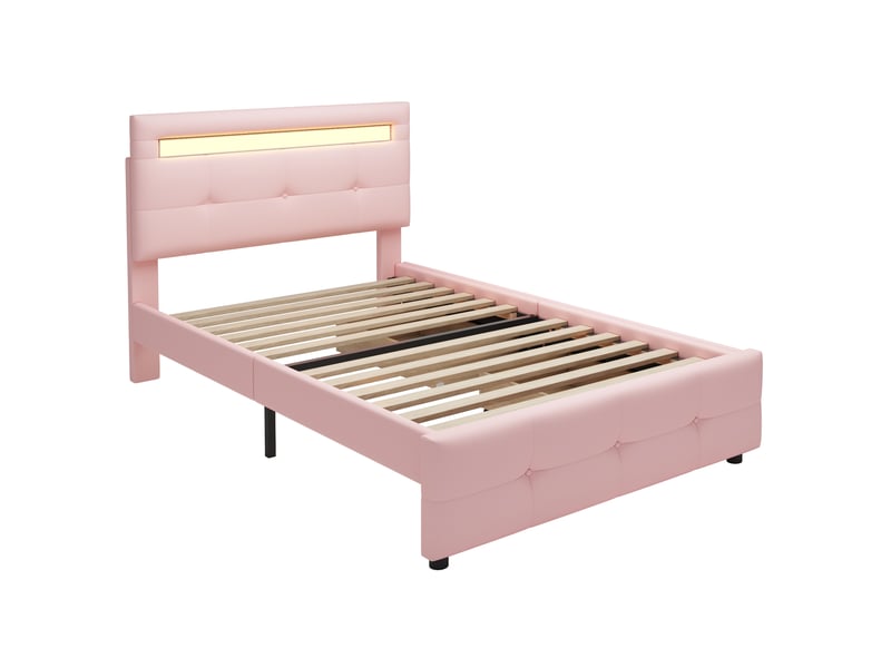 Lit simple 90x200 cm en tissu rose, led, 2 tiroirs de rangement, lit enfant et ado - Conforama E