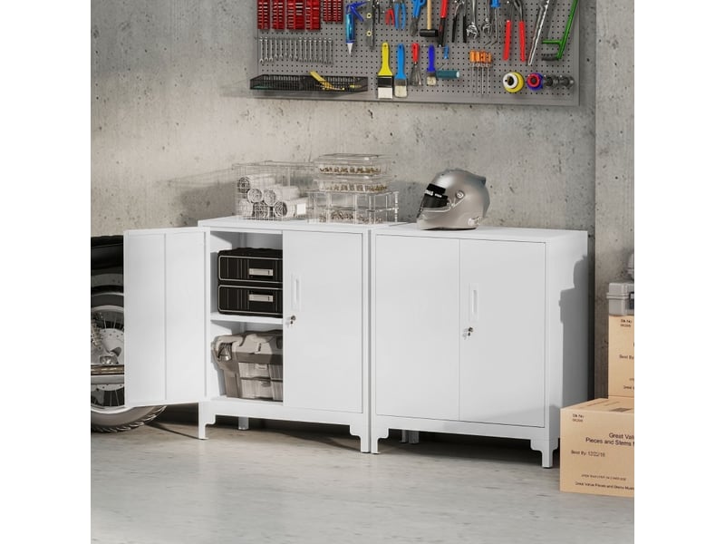  Armoire de bureau 80x35x91 cm blanche en métal, 2 niveaux de rangement, portes verrouillables à clé  - Conforama B
