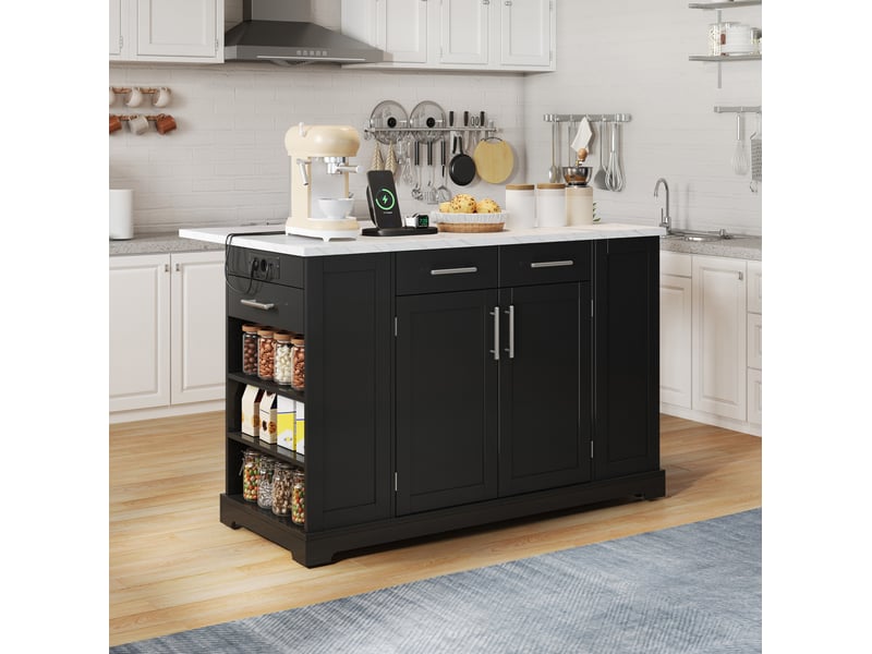  Îlot de cuisine 138x86x92 cm avec plateau rabattable noir effet marbre  - Conforama B