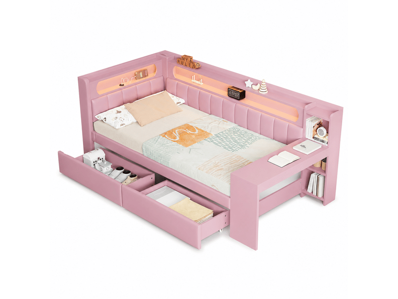  Lit banquette enfant 90x200 cm avec bureau intégré, 2 tiroirs, led 7 couleurs, port usb, mdf, contreplaqué et lin, rose  - Conforama A
