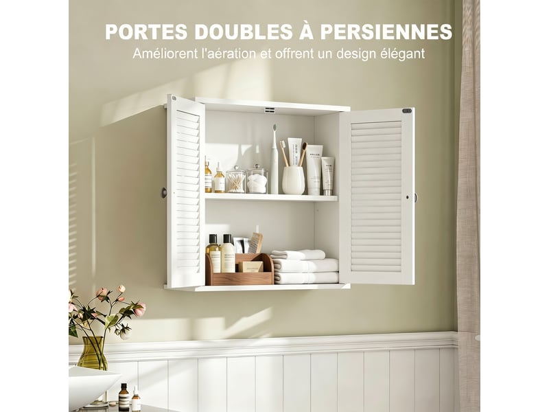  Armoire murale salle de bain blanche, 2 portes persiennées, étagère réglable, 51 x 18 x 61 cm  - Conforama R