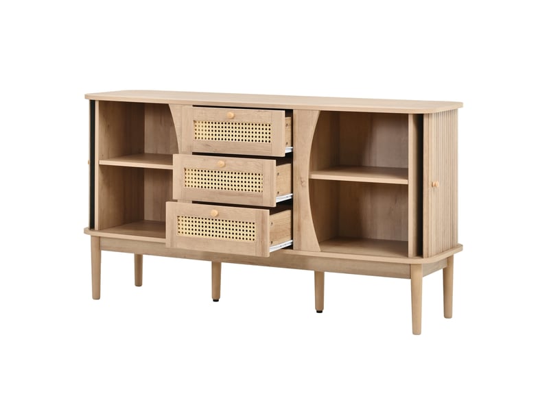 Buffet 141 x 40 x 77 cm naturel en mdf, 3 tiroirs en rotin et portes coulissantes avec étagères réglables - Conforama D