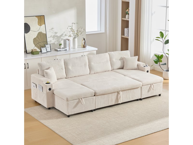 Canapé convertible 272x136x86 cm - extensible - 4 places - usb et usb-c - grand rangement - porte-gobelets - velours côtelé - gain de place - beige CozyNest - Conforama C