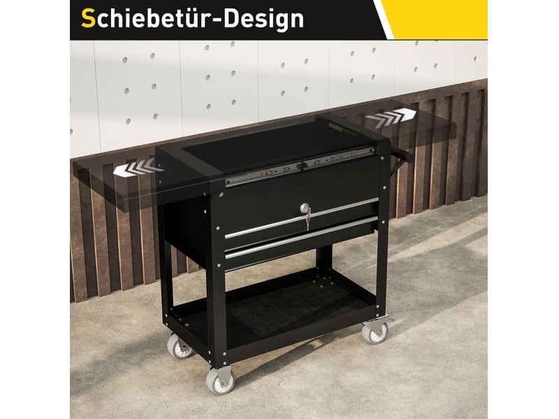 Servante d'atelier à roulettes 130 x 38 x 80 cm noire en acier, 2 tiroirs verrouillables, plan de travail extensible  - Conforama E