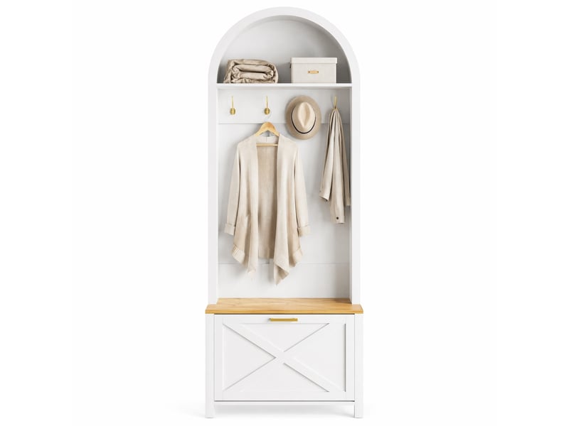  Meuble d'entrée avec patères, rangement à chaussures avec portes et tablette, en mdf blanc et couleur bois, 75 × 35 × 195 cm  - Conforama A
