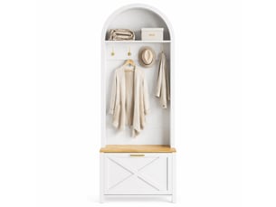 Meuble d'entrée avec patères, rangement à chaussures avec portes et tablette, en mdf blanc et couleur bois, 75 × 35 × 195 cm