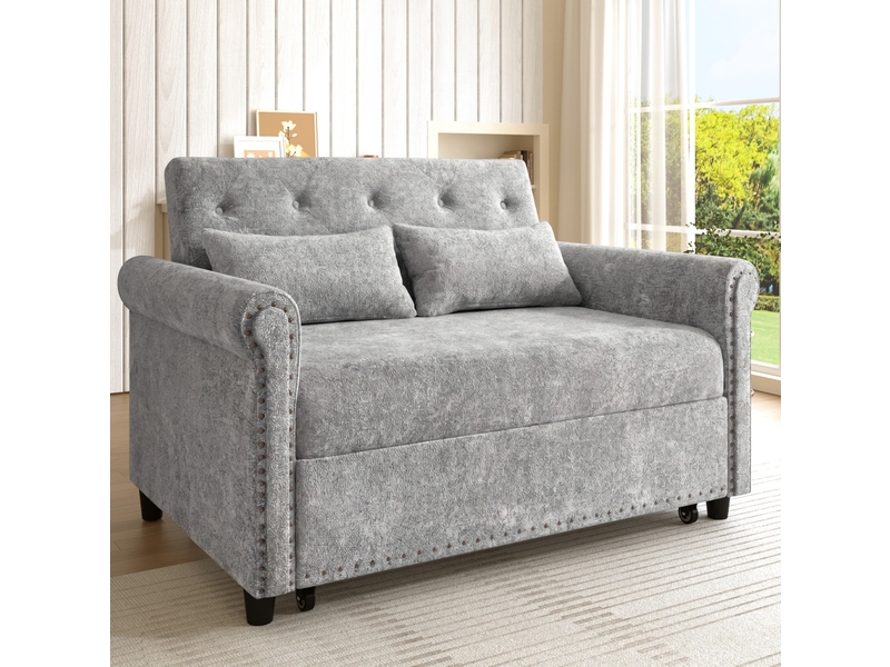  Canapé convertible 2 places 3-en-1 avec dossier réglable et lit gigogne, coussins, en chenille grise, 120 × 80 × 82 cm  - Conforama B