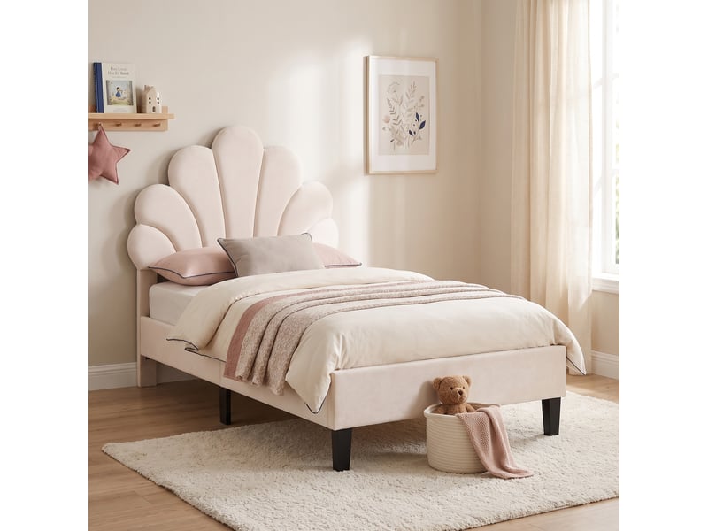  Lit enfant 90x200 cm, lit simple capitonné princesse avec tête de lit coquillage réglable, sommier, tissu velours beige  - Conforama D