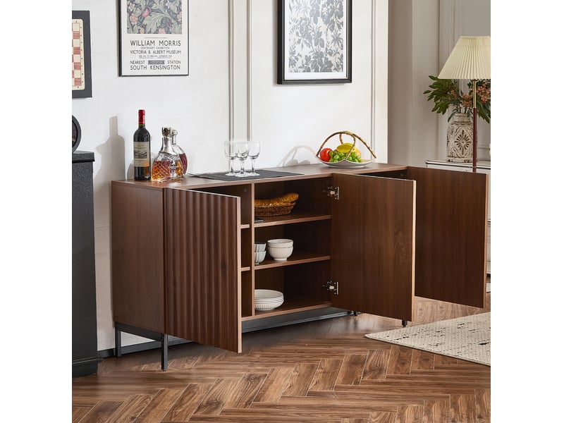  Buffet 3 portes 150 x 40 x 80 cm, effet chêne foncé, portes 3d ondulées  - Conforama D