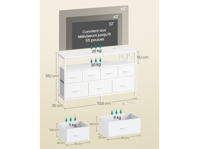  Commode de rangement moderne avec 7 tiroirs et étagère 30 x 113,8 x 68,1 cm style épuré salon en panneau mdf blanc nuage 12_0012448  - Conforama B