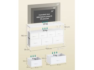 Commode de rangement moderne avec 7 tiroirs et étagère 30 x 113,8 x 68,1 cm style épuré salon en panneau mdf blanc nuage 12_0012448