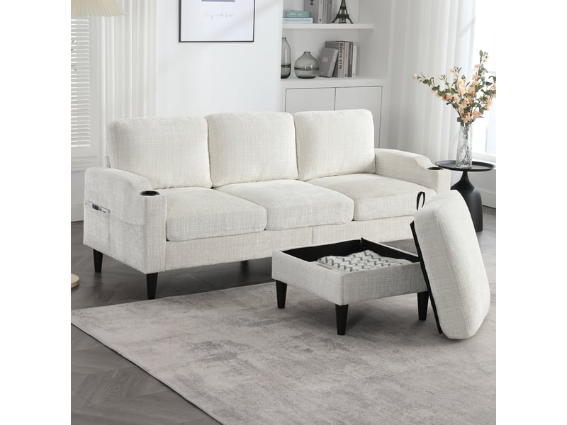 Canapé 4 places, canapé de salon – en velours, porte-gobelets, poches latérales, avec pouf, avec rangement, avec accoudoirs  - Conforama R