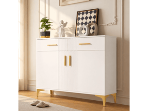 Buffet 80 cm avec 2 portes, 2 tiroirs, poignées et pieds en métal, mdf, blanc et doré