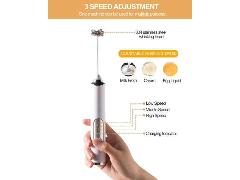  Mousseur à lait électrique portable (blanc) avec 2 têtes, fouet mélangeur à mousse rechargeable par usb, 3 vitesses, idéal pour latte, cappuccino, cho GTR03826 - Conforama E