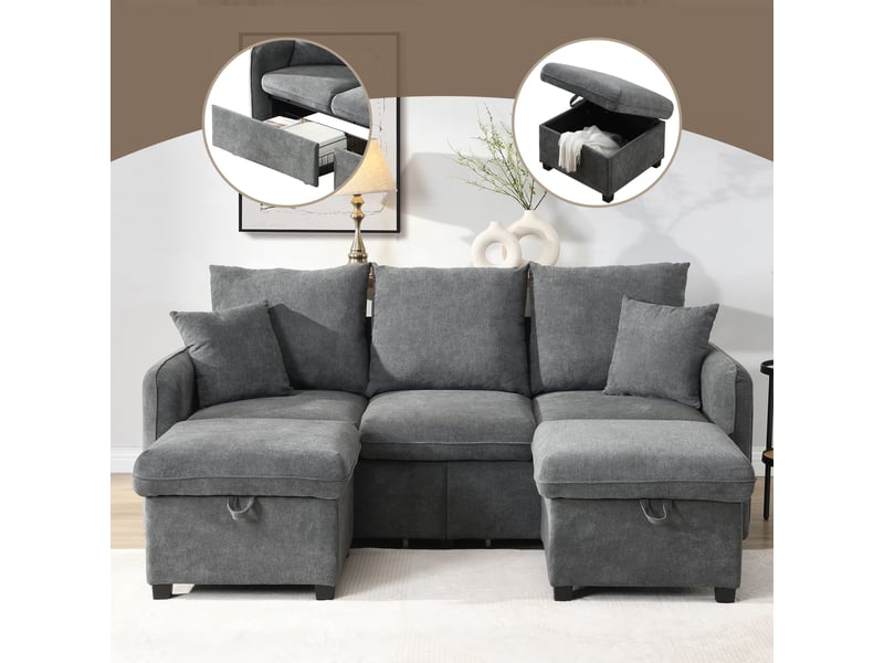  Canapé d'angle modulable 3 places en tissu chenille, 2 poufs à rangement, convertible en l ou en lit  - Conforama W