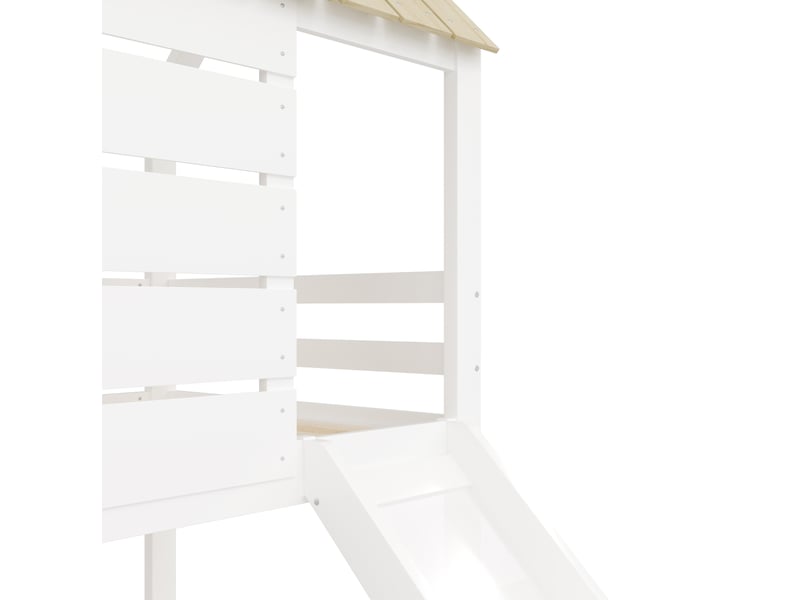  Lit superposé 90x200 cm avec toboggan et 2 tiroirs, en bois, blanc et naturel  - Conforama E