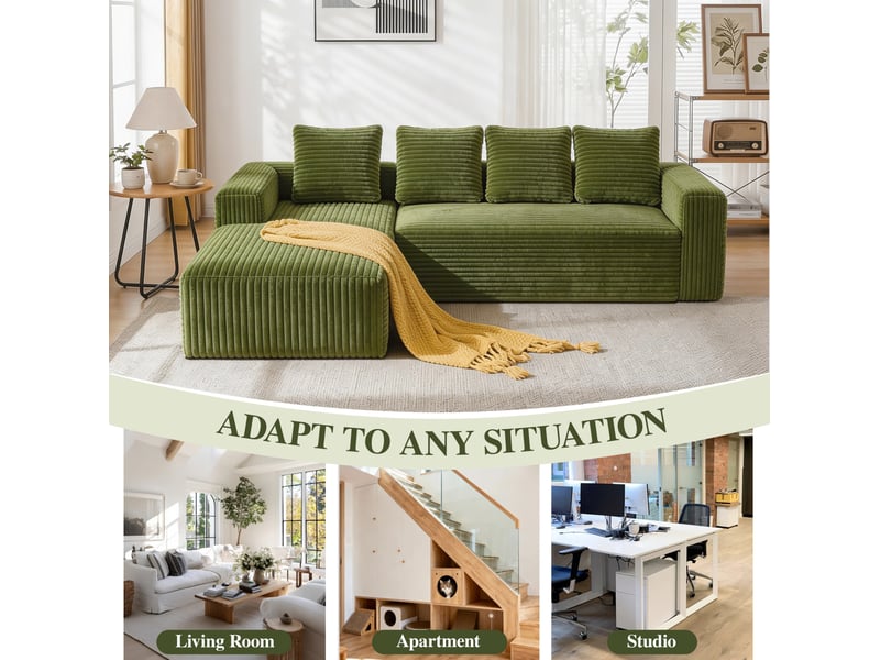 Canapé d'angle modulable tcqpz 4 places 261 x 171 x 58 cm méridienne réversible sans montage velours côtelé vert - Conforama E