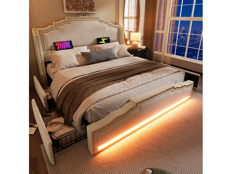  Lit adulte 160 × 200 cm avec 4 tiroirs, led réglable et usb-c, avec matelas, en velours beige, tête capitonnée  - Conforama D