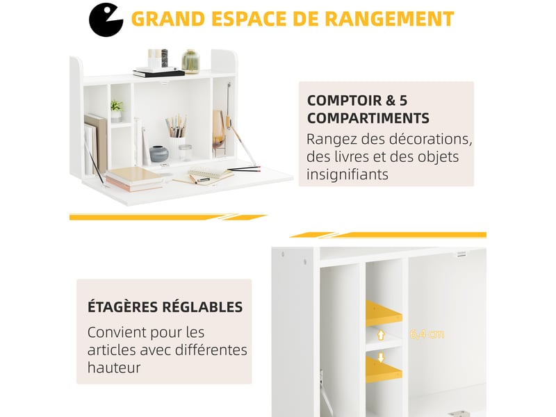  Bureau suspendu table murale table d'ordinateur murale et tablette rabattable 77 x 20 x 51 cm - avec rangements  - Conforama E
