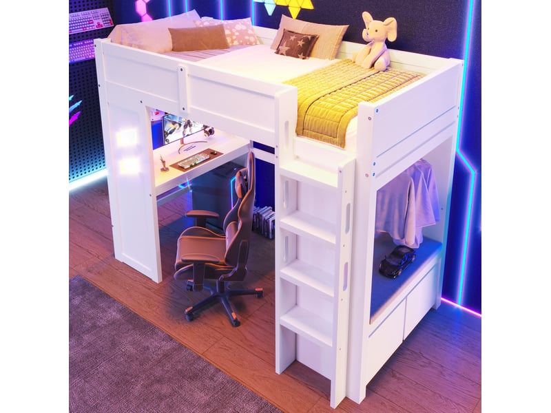  Lit mezzanine 90x200 cm avec bureau, led et rangements blanc  - Conforama E